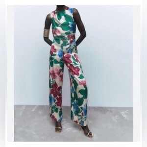 ZARA FLORAL WIDE LEG JUMPSUIT‎ WOMEN'S S SMALL ROMPER chic luxury vacation